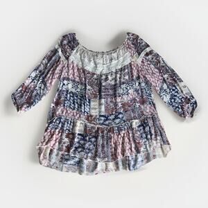 Vintage America Blues Patchwork Boho Peasant Top XL